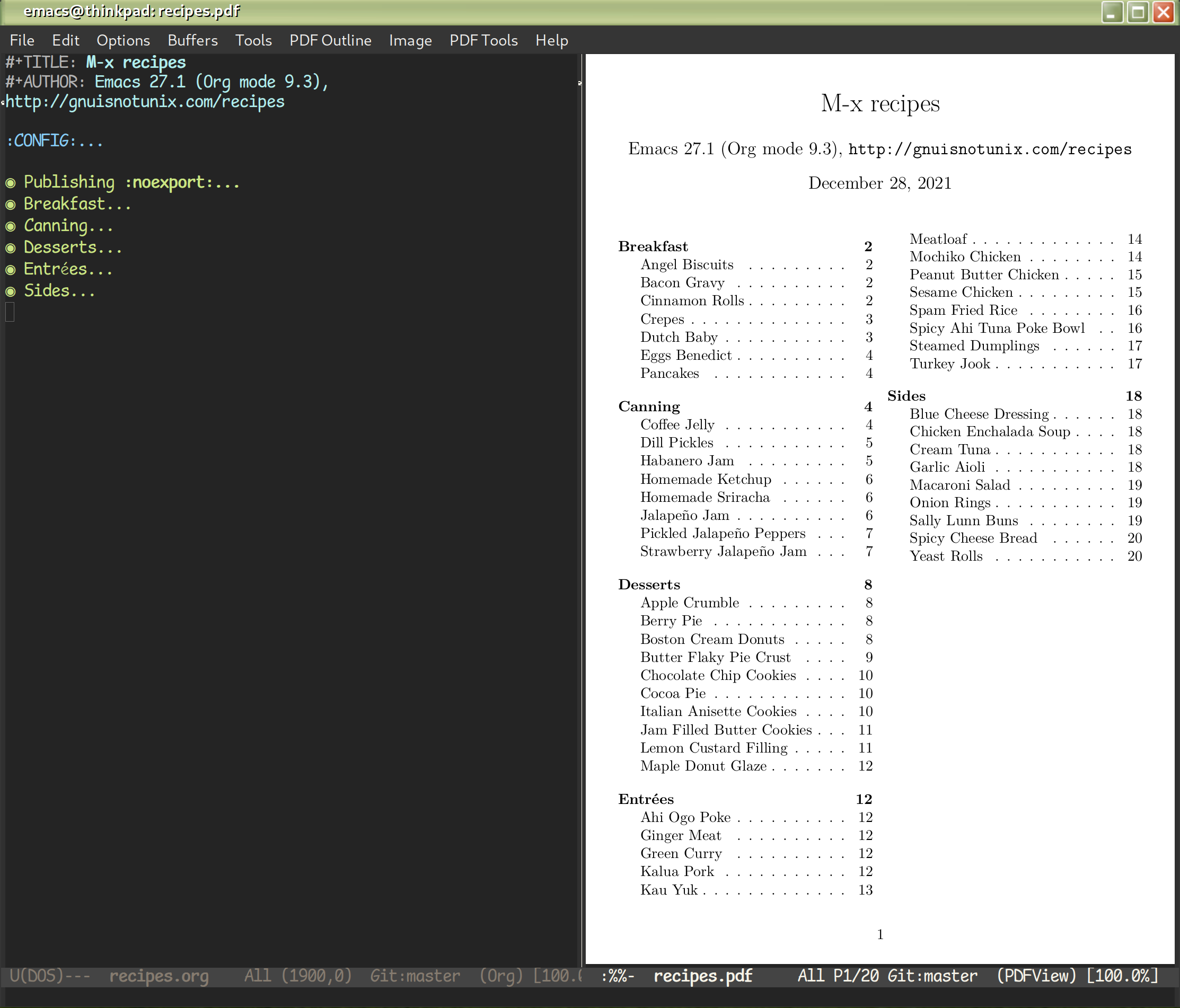 Emacs open and editing my cookbook in org mode.