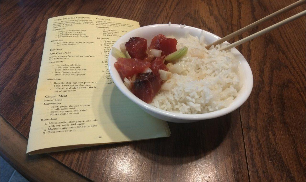 Bowl of Ahi Poke with onions on rice.