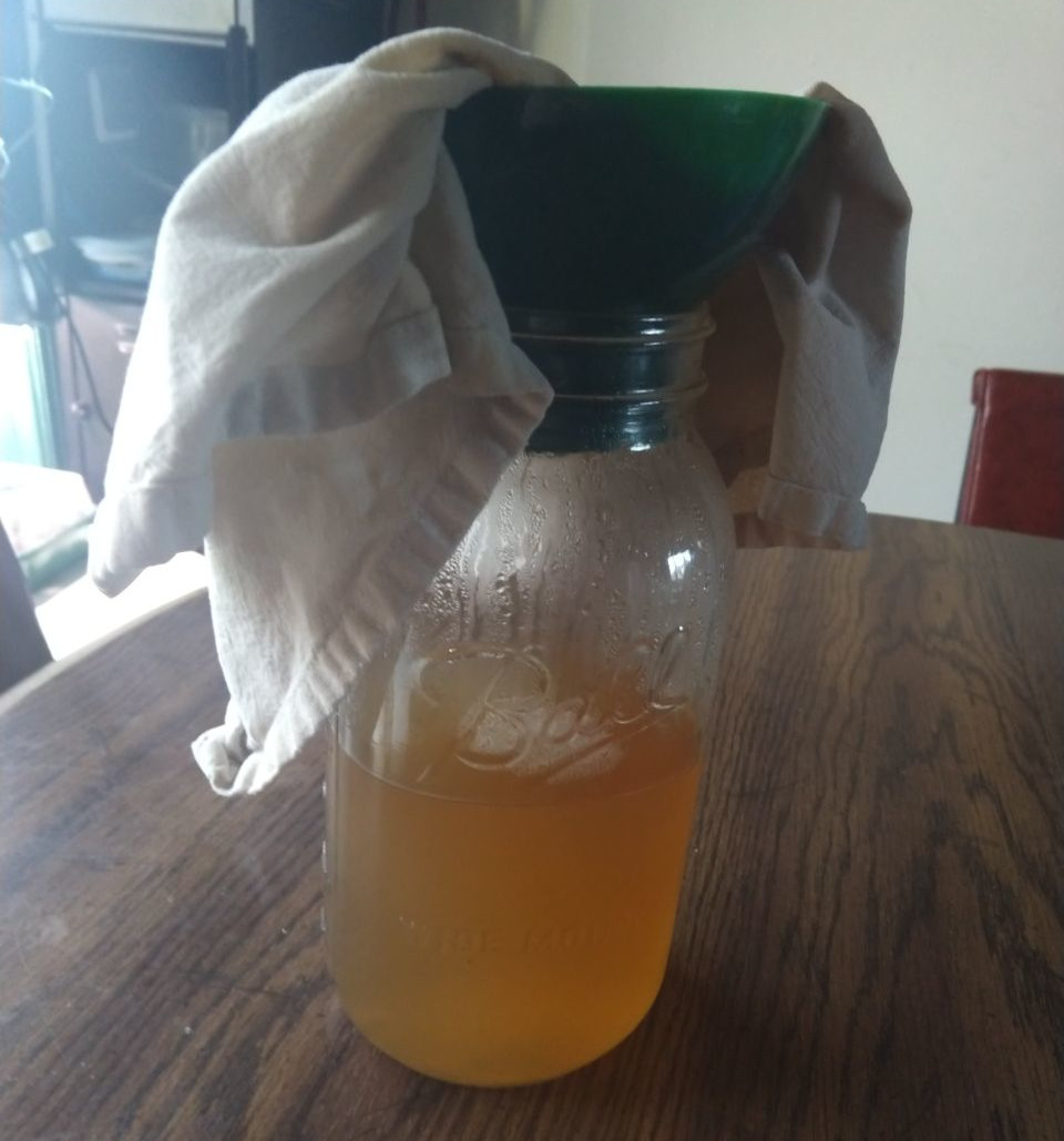Straining ginger beer through cheesecloth. Straining ginger beer through cheesecloth.