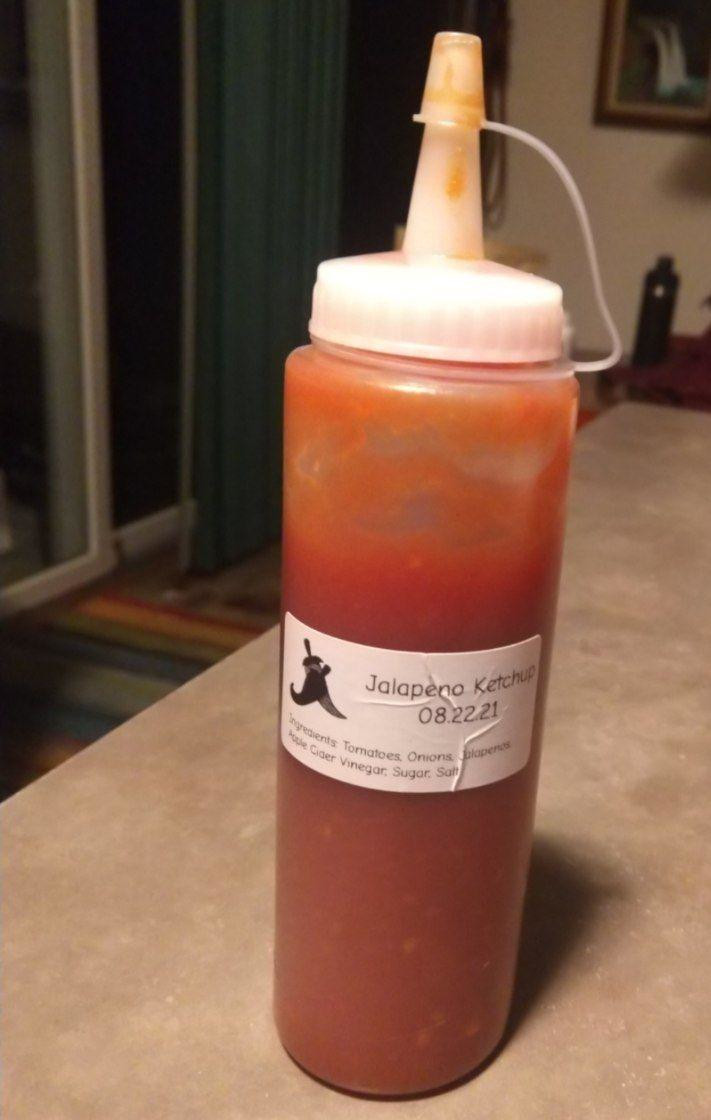 Jalapeno ketchup moved from a sealed jar to a squeeze bottle. Jalapeno ketchup moved from a sealed jar to a squeeze bottle.