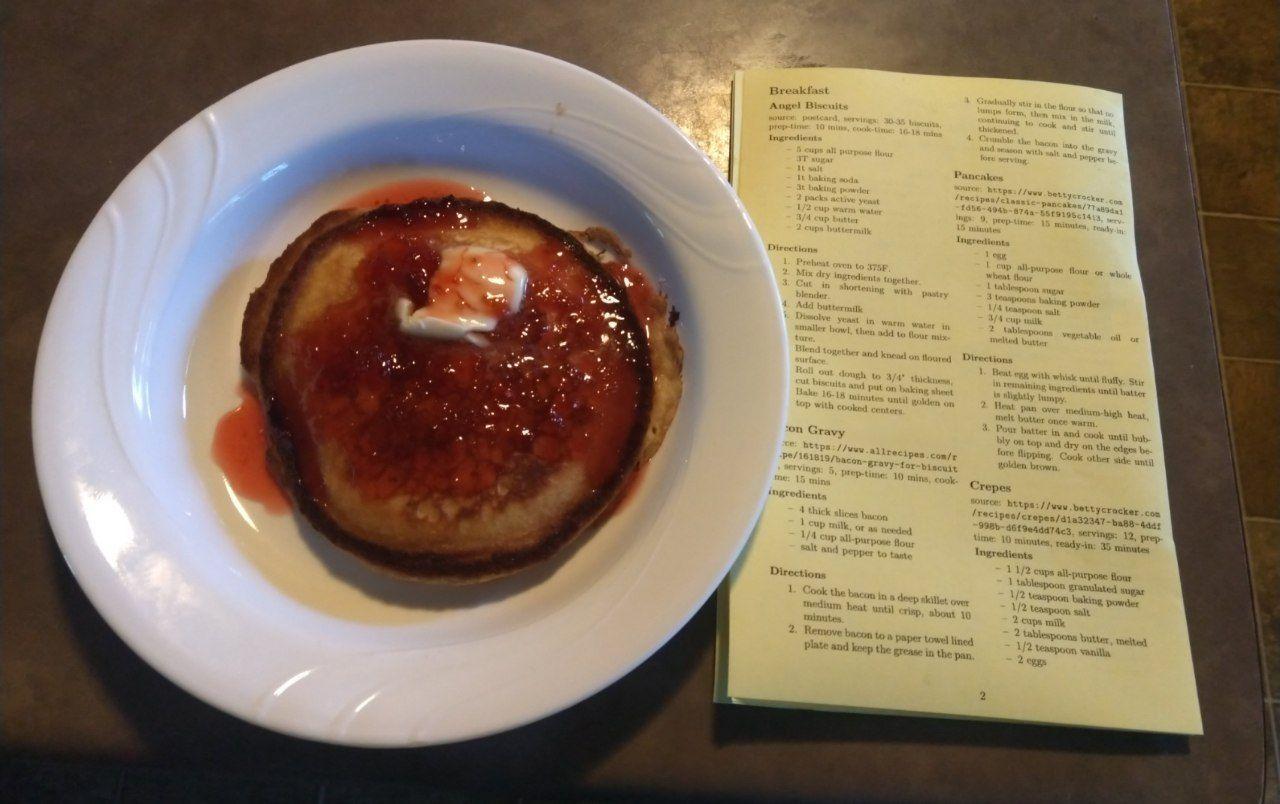 A pancake with strawberry jalapeno jam and butter. A pancake with strawberry jalapeno jam and butter.