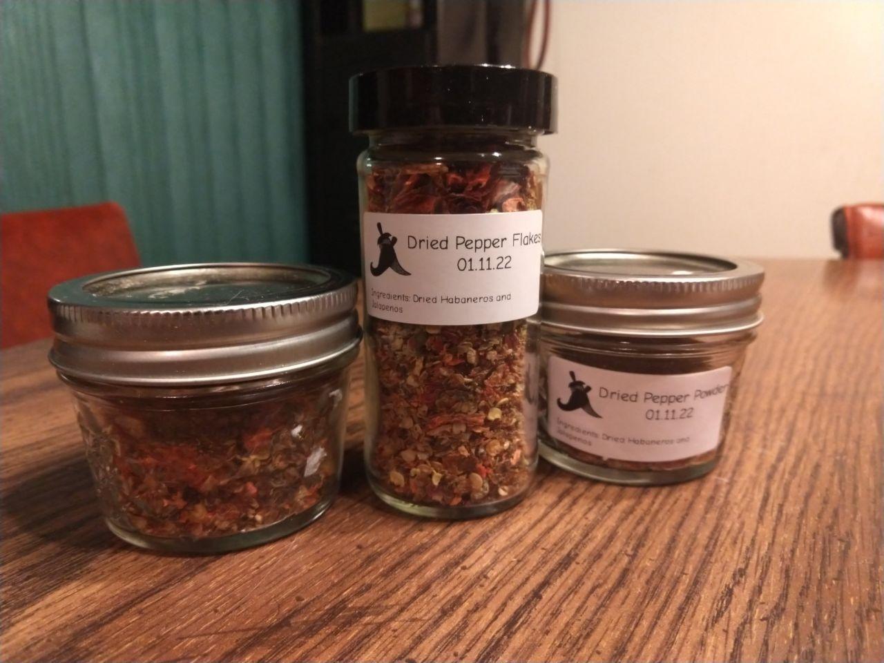 Pepper flakes made from dried jalapenos and habaneros picked from my garden.