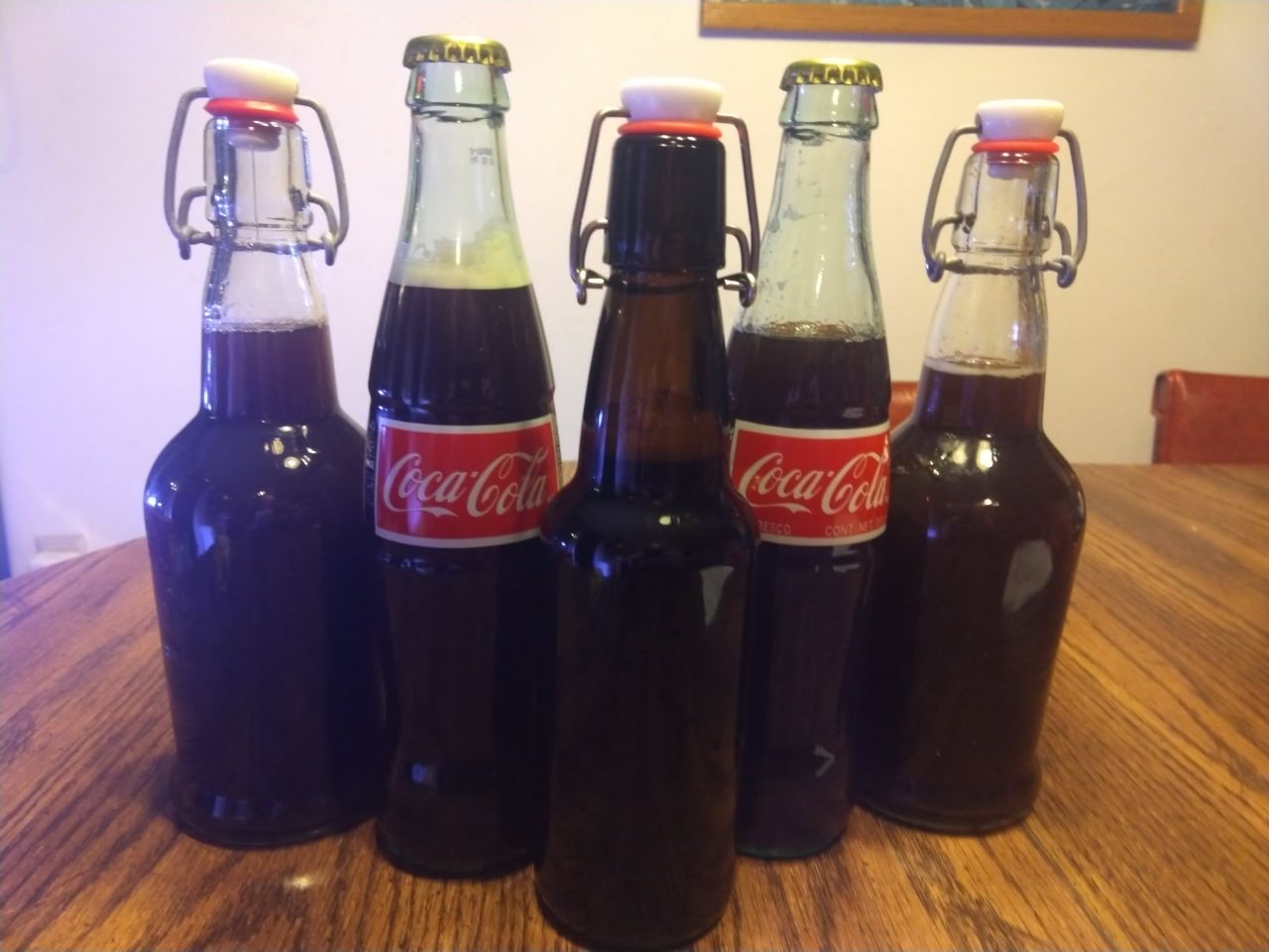 Root beer sealed into bottles to carbonate.