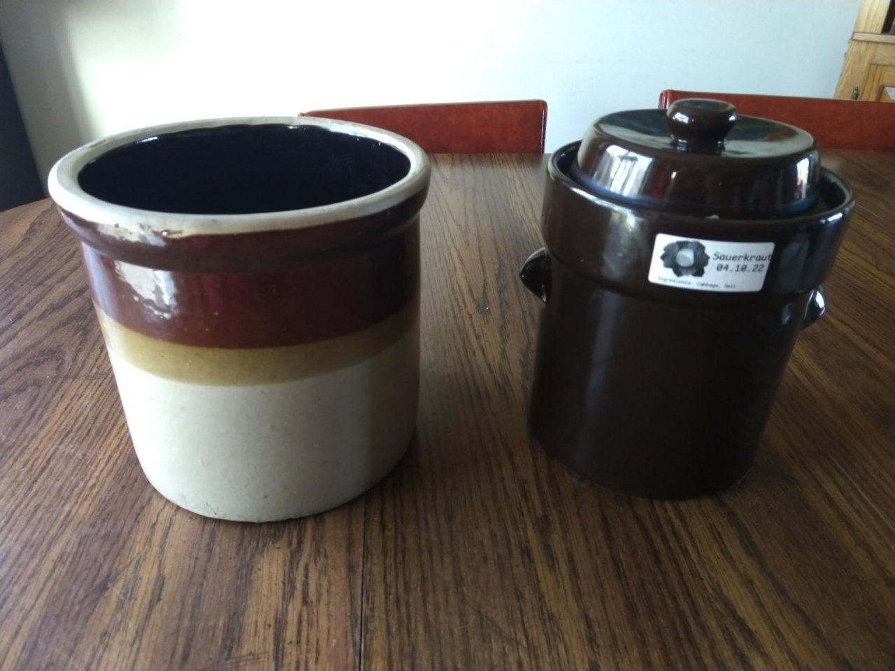 Two fermentation crocks. I got the one on the right at a thrift store. The one on the left is from my grandma, who got it from her grandma. Two fermentation crocks. I got the one on the right at a thrift store. The one on the left is from my grandma, who got it from her grandma.