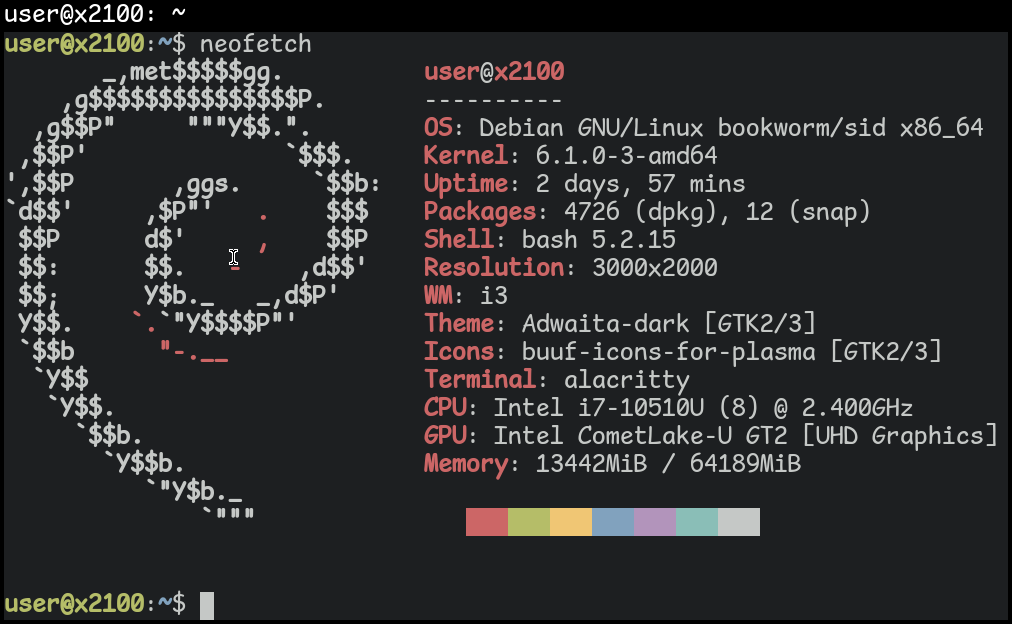 Neofetch showing specs of x2100.