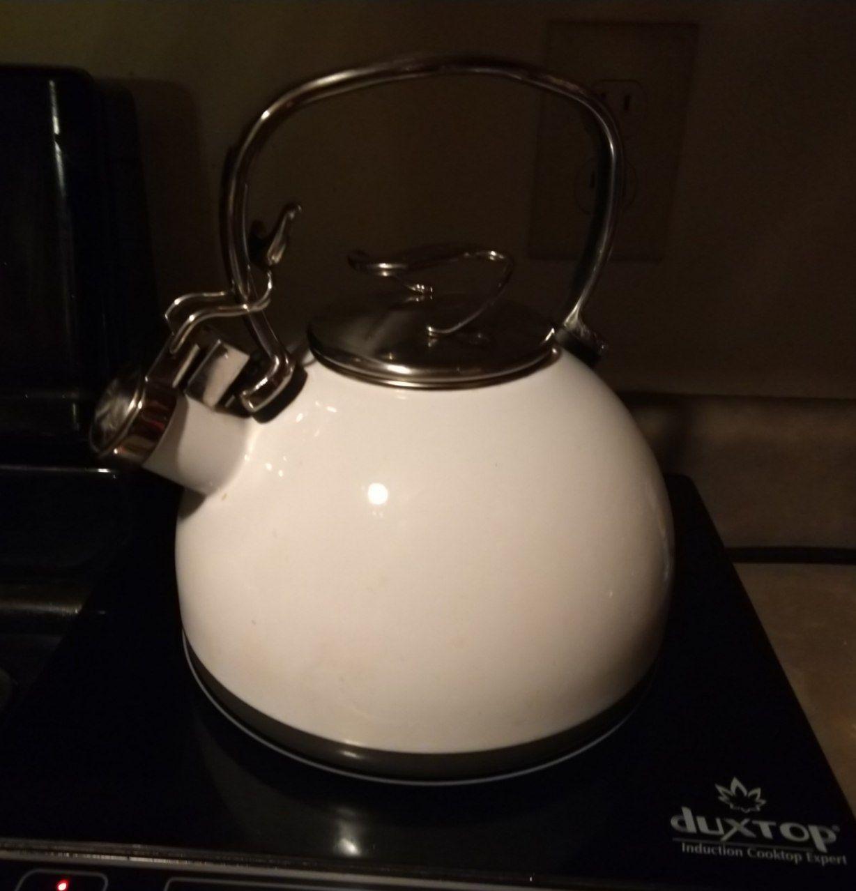 A white whistling tea kettle that I found at a thrift store, on top of my induction burner.